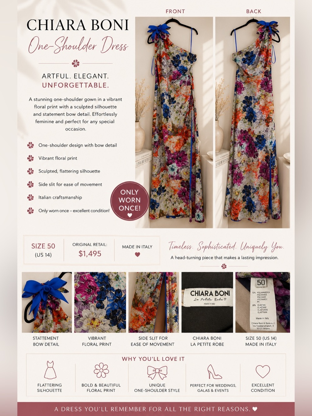 Chiara Boni Multicolor Floral One-Shoulder Dress with Blue Bow